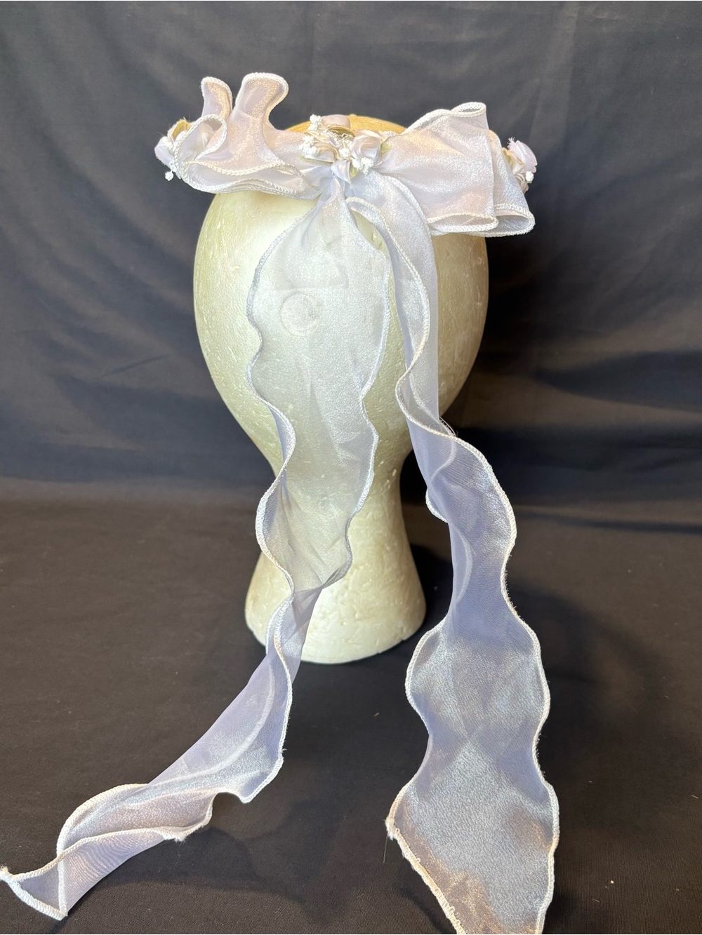 First Comunion, Wedding White Faux Pearls Braided Headband Crown w/Sheer Ribbon - Picture 5 of 7